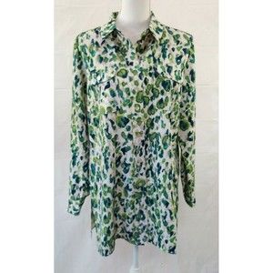 Susan Graver Womens Top Small Long Sleeve Button Front Green Floral Career